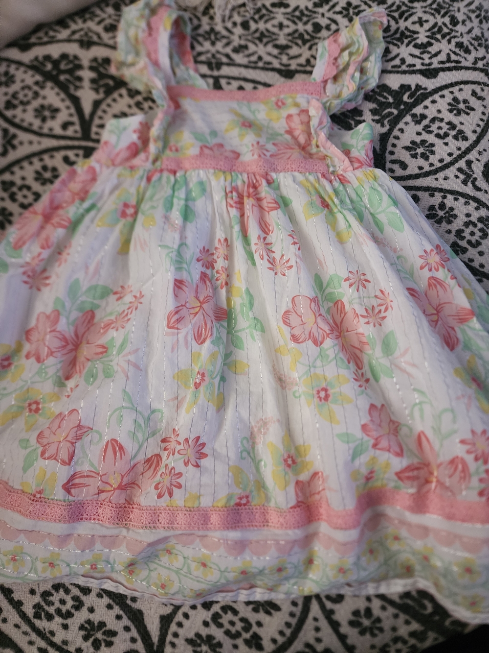 Happyily Grey Kids Girls' White Floral Sundress with Pink Trim 5 T